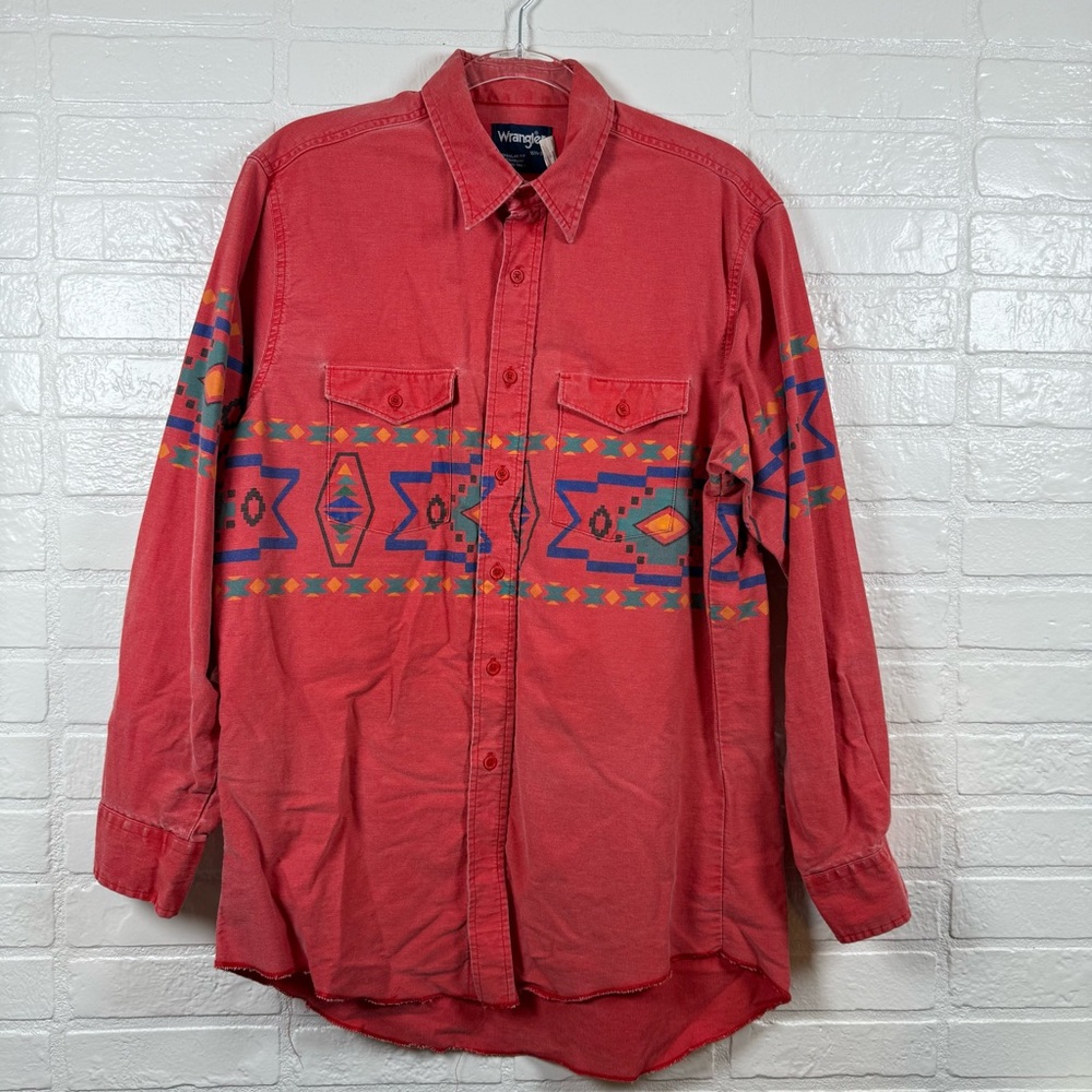 Vintage Wrangler Work Shirt Men 16.5-34 Red Aztec Brushpopper Cowboy Western 90s